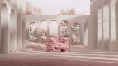 Hortensia chair in pink within a 3D rendered setting