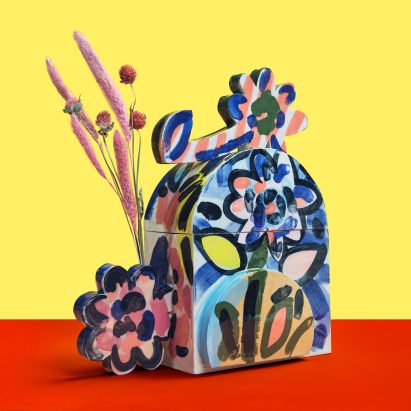 Cremation urn with colourful flowers
