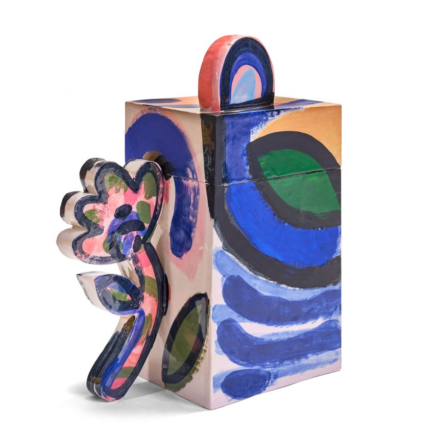 Blue, green and pink cremation urn