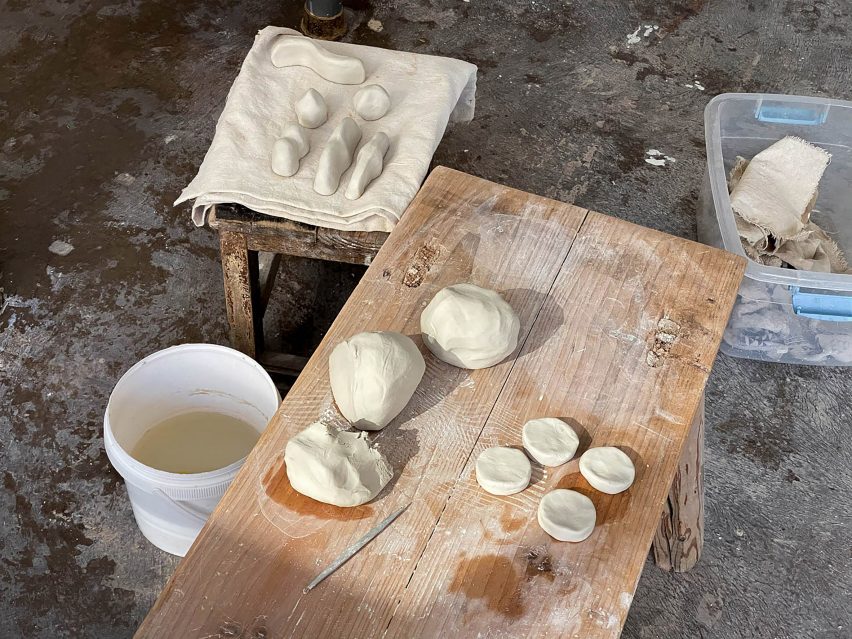 Clay before it is fired in the kiln