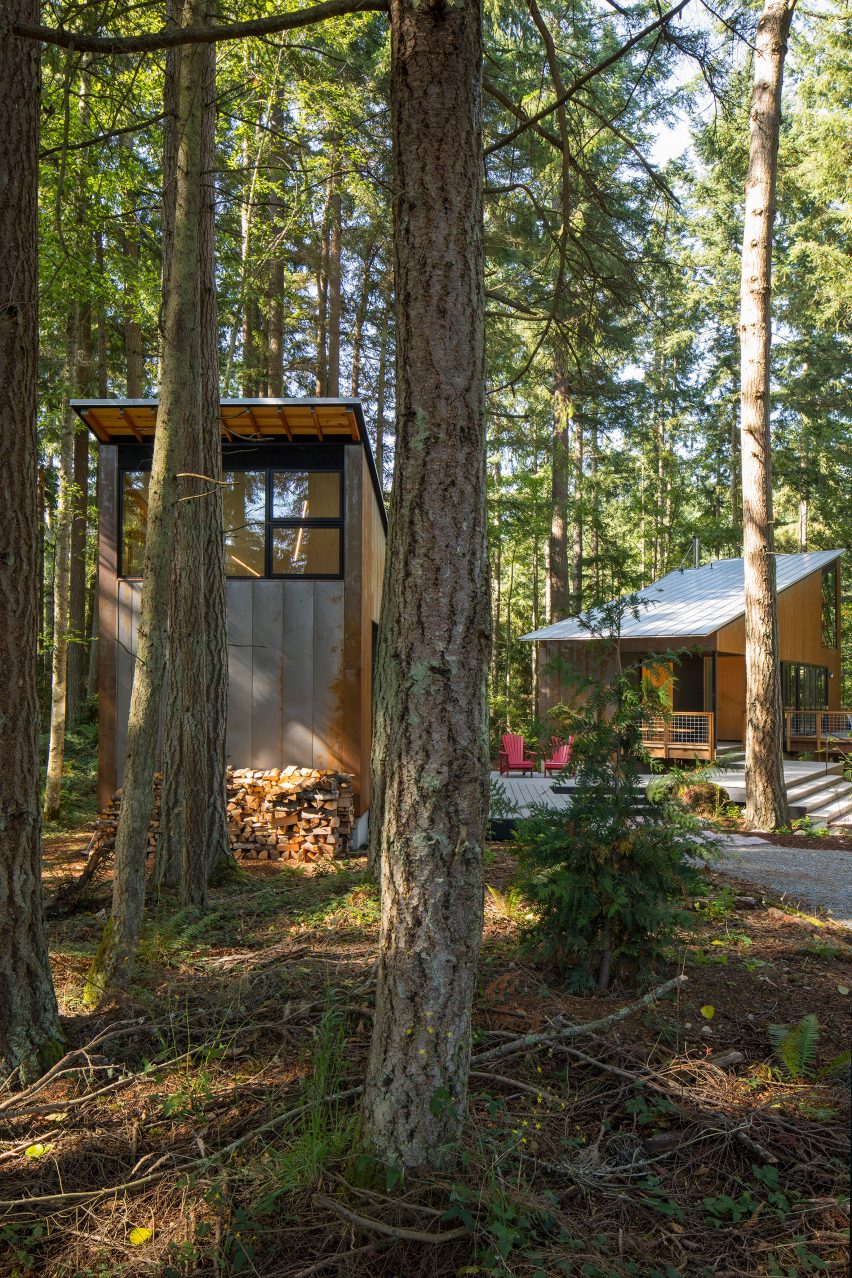 Douglas fir trees line the site
