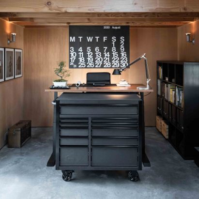 Sit stand desk in home office in Maine