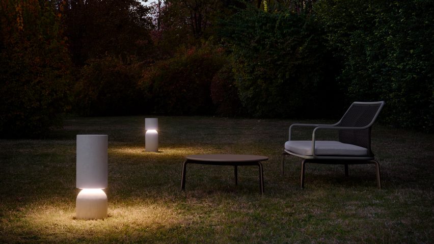 Two Nui bollard outdoor lights by Meneghello Paolelli Associati for Luceplan