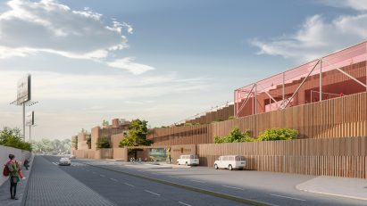 A visual of a wood-clad school