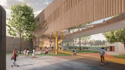 A visual of a wood-clad school entrance