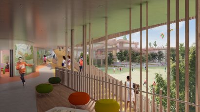 A visual of a school with wooden balconies