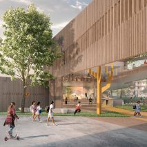 A visual of a wooden school entrance