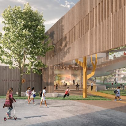 A visual of a wooden school entrance