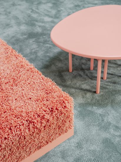 Coral table and shaggy bench in Qari Qris and Moonswoon showroom