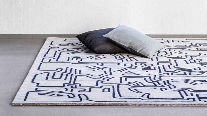White and blue carpet with graphic pattern