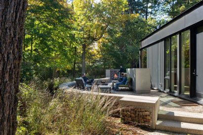 Outdoor seating area with fireplace