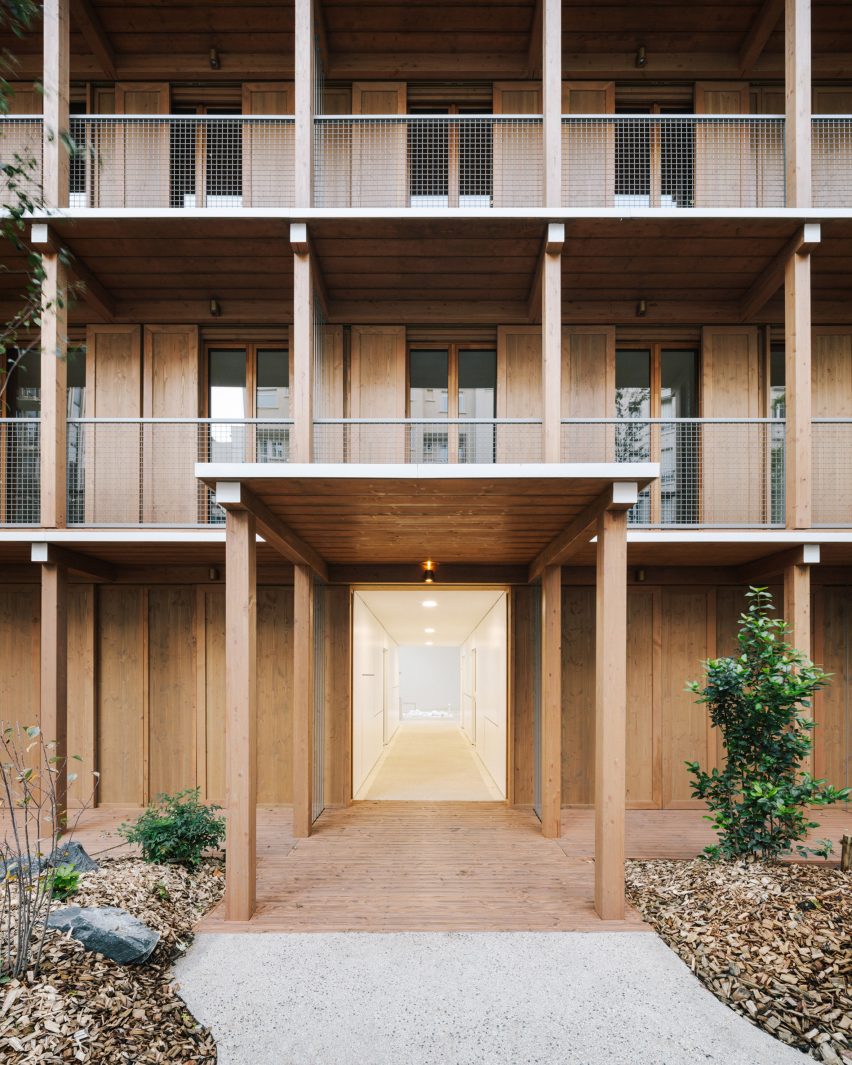 Apartment block built from wooden modules