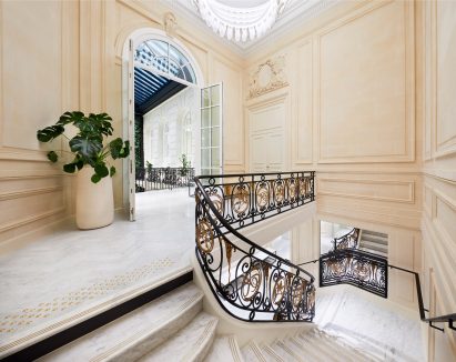 Pershing Hall staircase and Kith chandelier