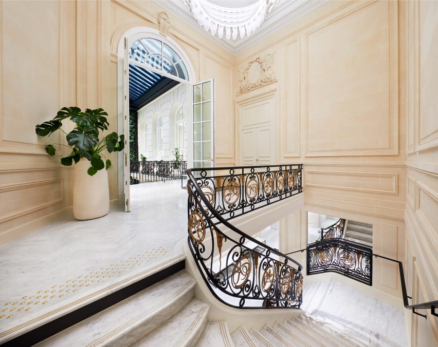 Pershing Hall staircase and Kith chandelier