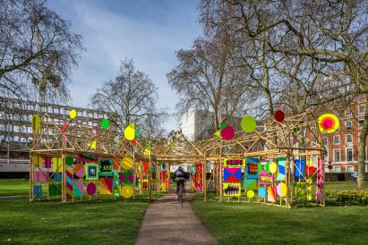 A bamboo pavilion with colourful panels