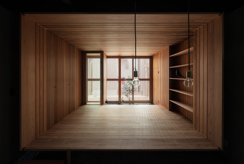 The dark interiors of a old row house in Kyoto