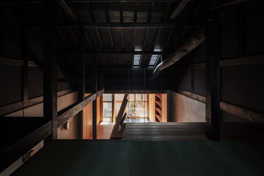 A dark loft inside a Japanese house