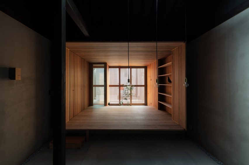 The dark interiors of a old row house in Kyoto