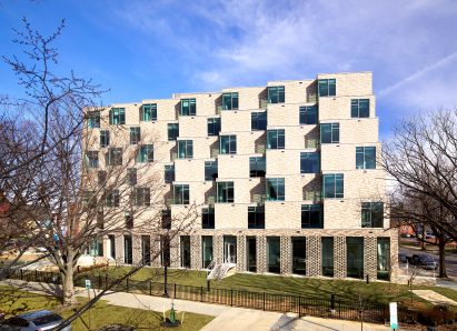 A stepped brick facade