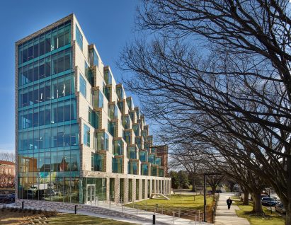 A brick and glass housing block in Washington DC