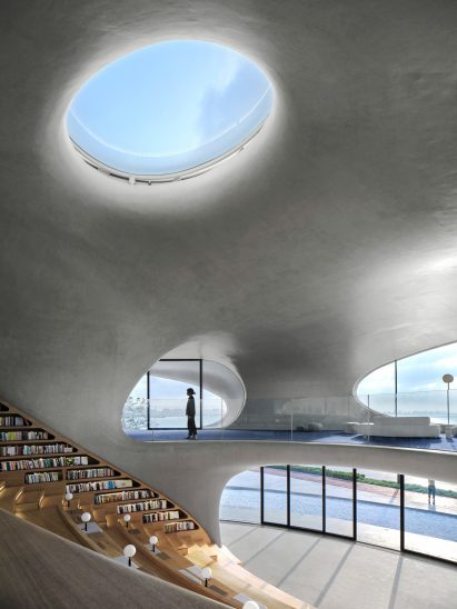 A concrete library with bleacher seating