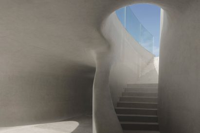 A white concrete staircase in the Cloudscape of Haikou