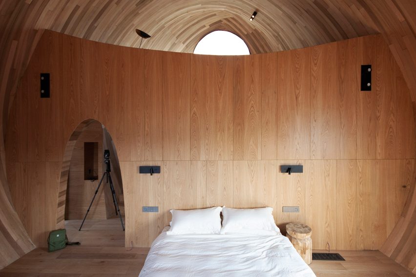 The wooden interiors of a holiday cabin