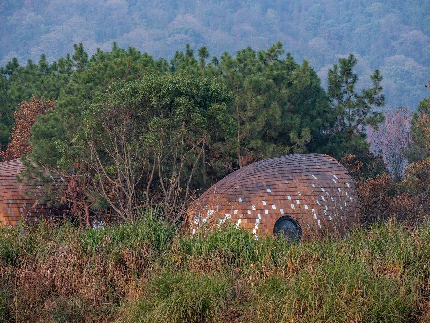 A cabin covered in shingles