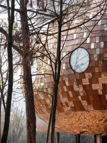 A cabin clad in wooden and mirrored shingles