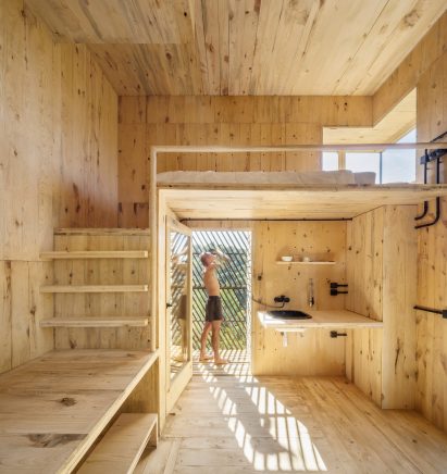 The wood interiors of The Voxel cabin