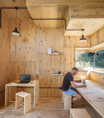 A cabin lined with pine wood