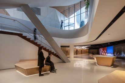 An exhibition space with digital displays