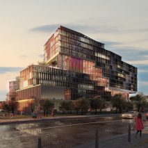 The design has a gridded glass facade