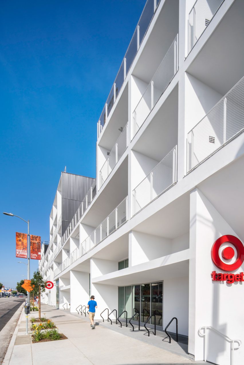 White balconies line Santa Monica Boulevard