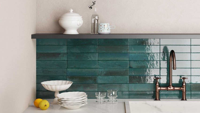 Turquoise tiled wall around a sink