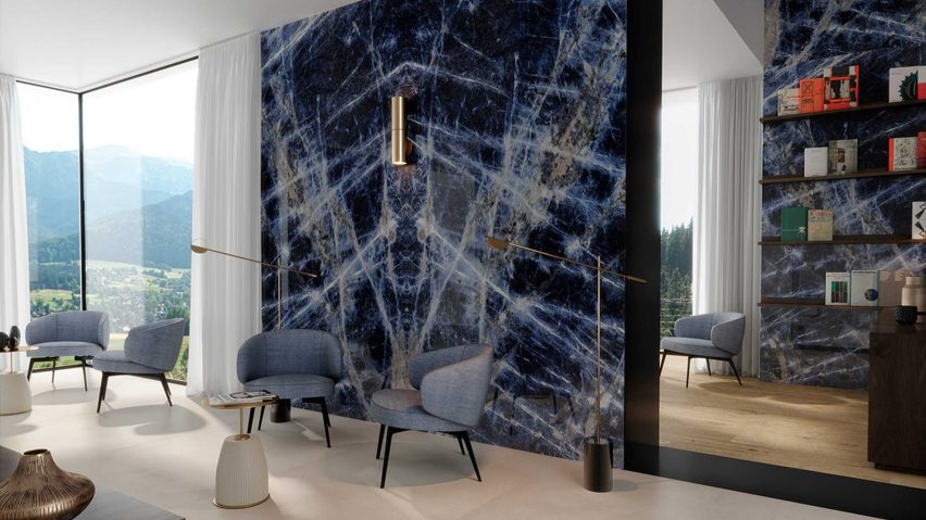 Blue marble-style wall tiles from Grand Marble Look collection in an interior