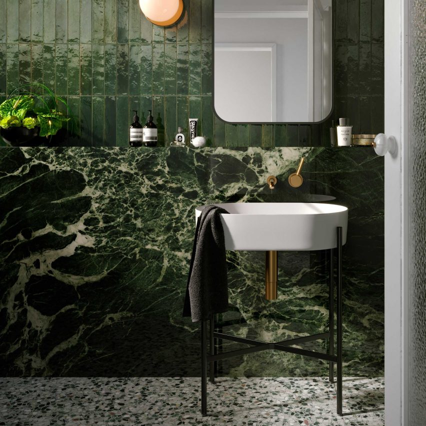 Green bathroom with complementary tile combination