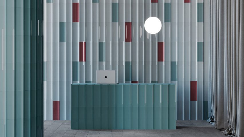 Matt and glossy tiles in blue and red by Harmony and MUT design