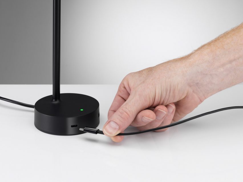 Close-up of USB charging lamp by Colebrook Bosson Saunders