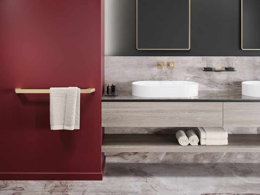 Hotel bathroom with brushed gold accessories
