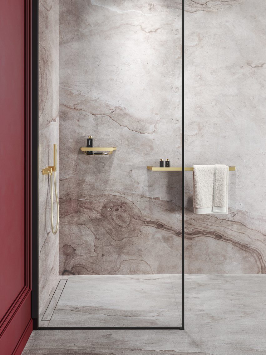 Luxurious bathroom with brushed gold accessories