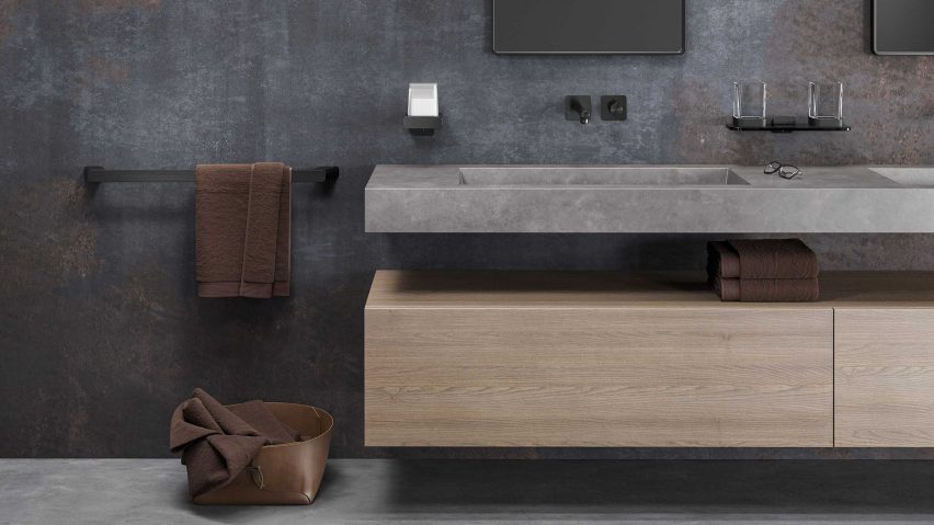 Bathroom sink with black Geesa Shift 60-centimetre towel rail