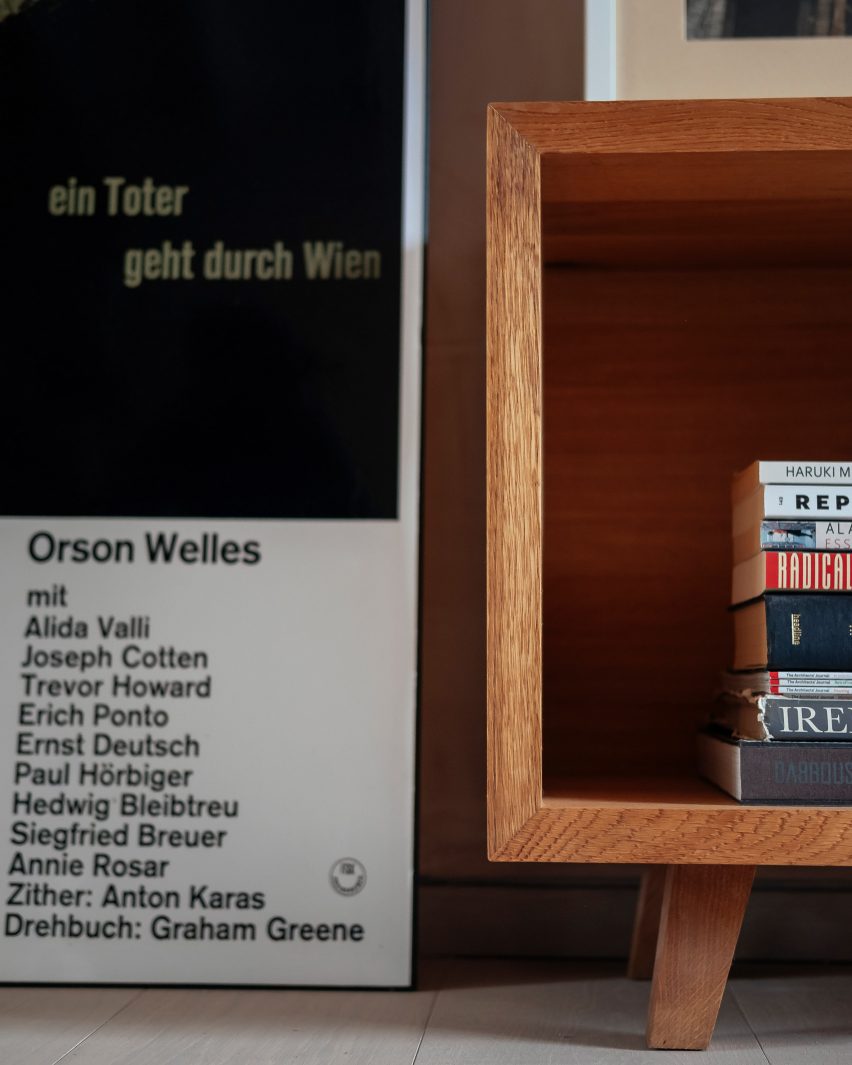 Corner of console with book spines