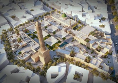 An aerial visual of a mosque in Mosul