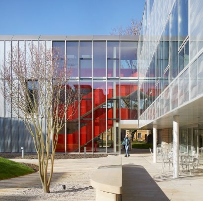 The interior provides pops of colour