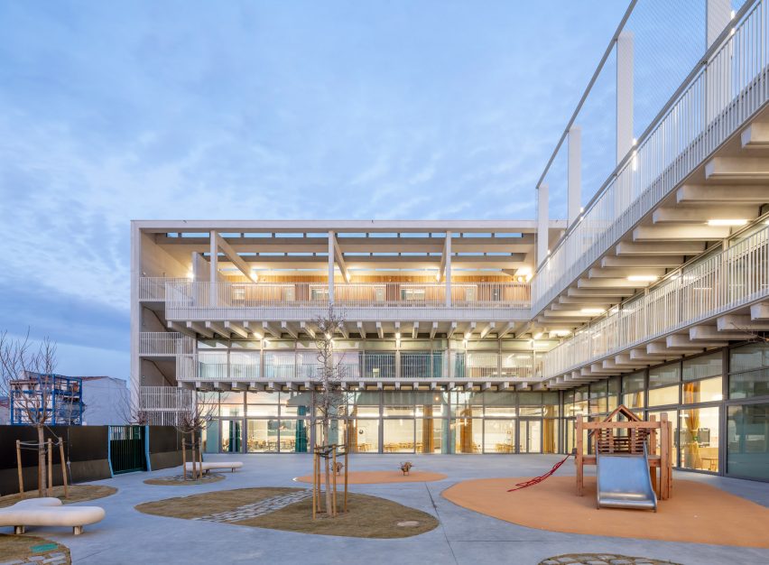 The school is lit at night
