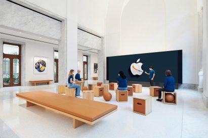 Box stools were placed around the room at Apple Via del Corso