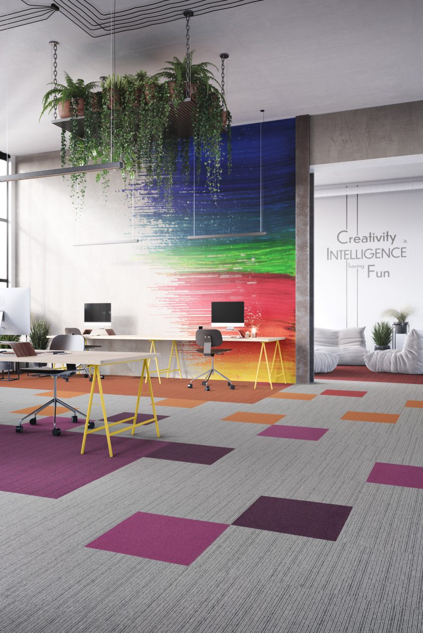 Grey, purple and orange carpet tiles