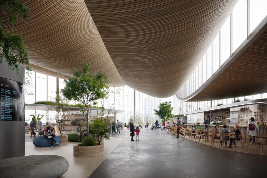 Render of sweeping ceiling made of wooden slats