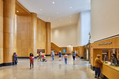 Toshiko Mori added white oak and brushed brass in the lobby